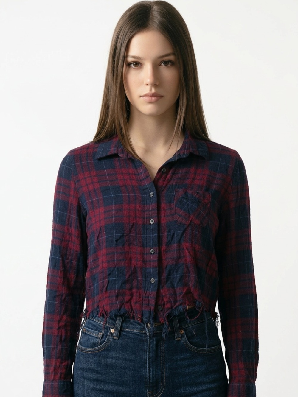 ROMEO & JULIET | Dark Red & Navy Blue Plaid Cropped Shirt Women’s Size Medium